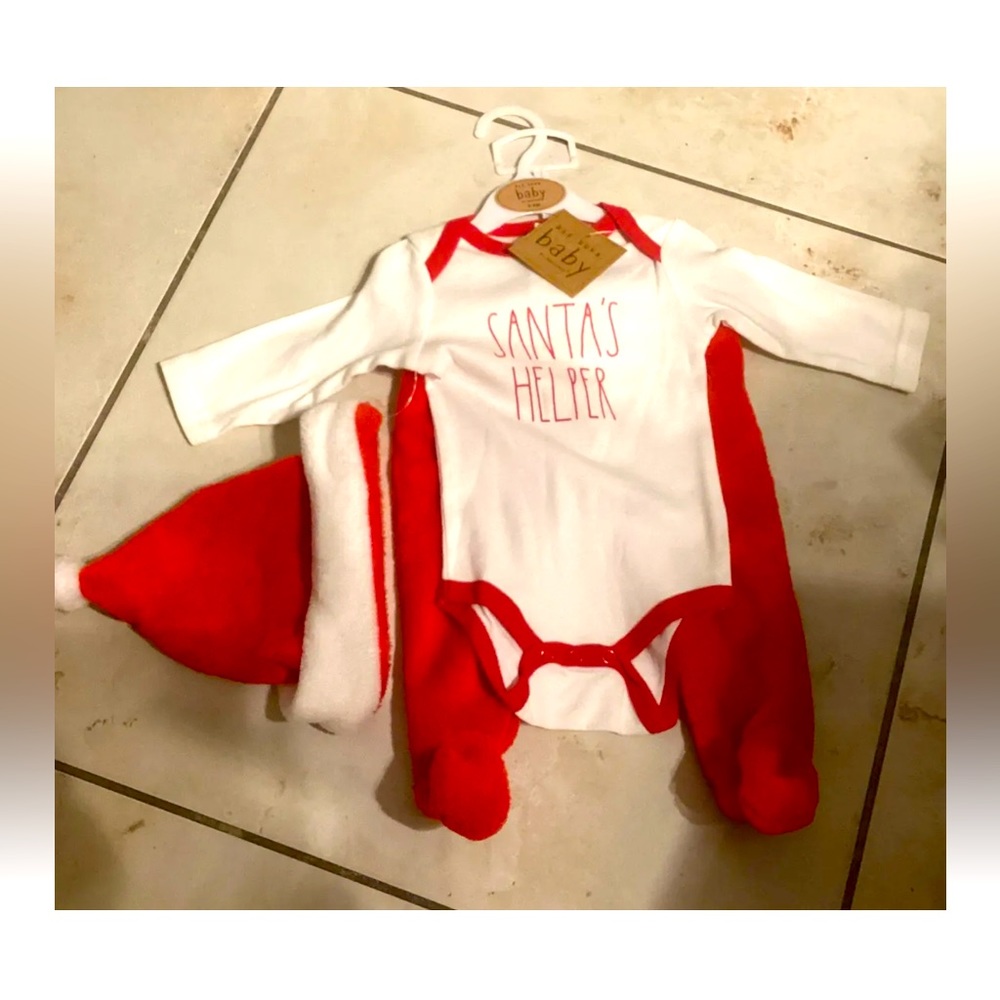 NWT Rae Dunn Santa's Helper Christmas Red White Baby 3 Pc Footed Set W/ Hat 3-6